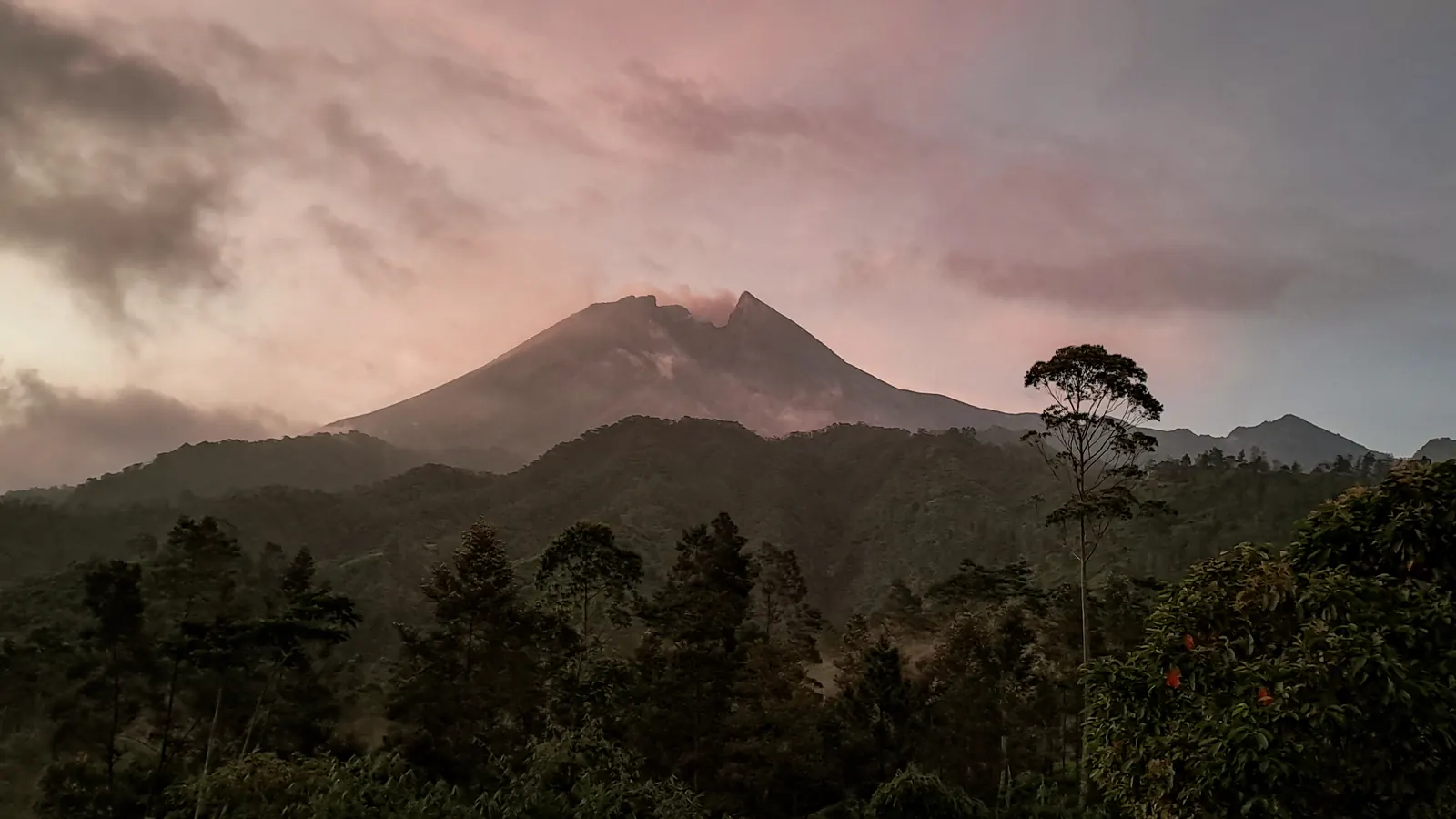 Gunung Merapi berlatar langit senja dengan hutan hijau pada lereng selatan